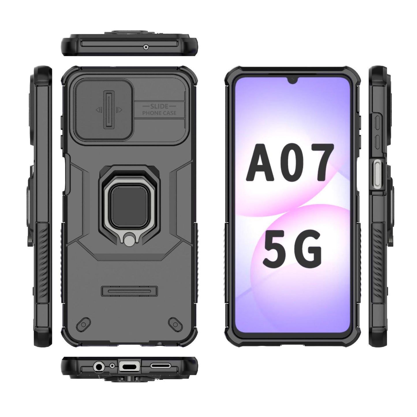 For Galaxy A07 4G Sliding Camshield TPU + PC Shockproof Phone Case with Holder(Black)