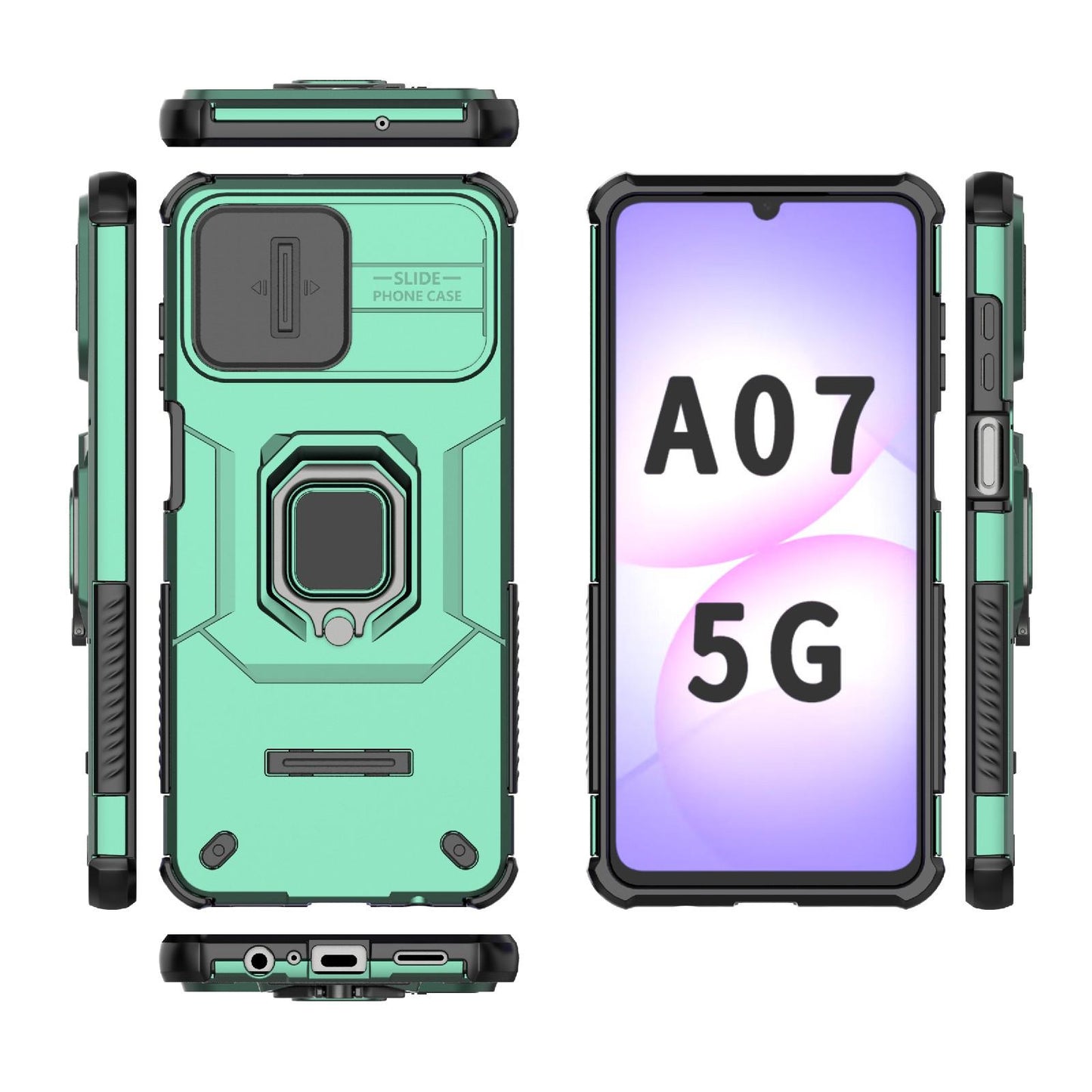 For Galaxy A07 4G Sliding Camshield TPU + PC Shockproof Phone Case with Holder(Green)