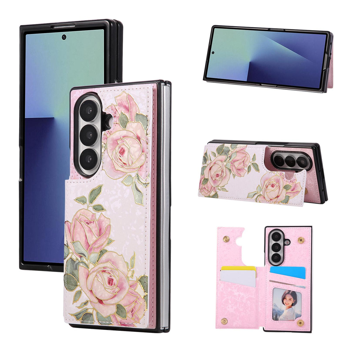 For Galaxy Z Fold8 Ultra 5G Printed Double Buckle RFID Anti-theft Phone Case - Rose - EDA007472908D