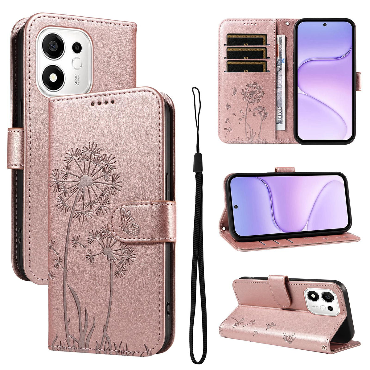For Honor 600 Smart 5G Dandelion Embossed Pattern Flip Leather Phone Case - Rose Gold - EDA007483018B