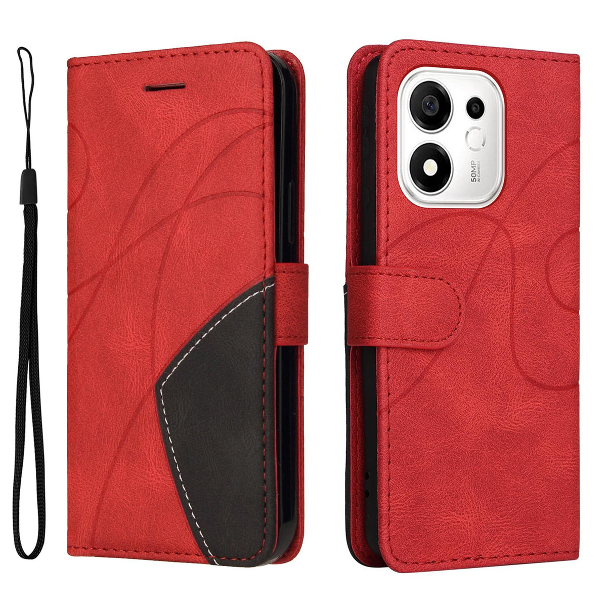 For Honor 600 Smart 5G Dual-color Splicing Flip Leather Phone Case - Red - EDA007487716B