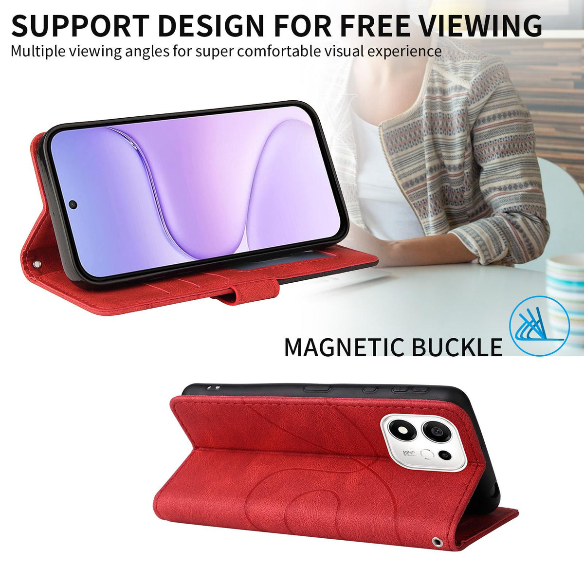 For Honor 600 Smart 5G Dual-color Splicing Flip Leather Phone Case - Red - EDA007487716B