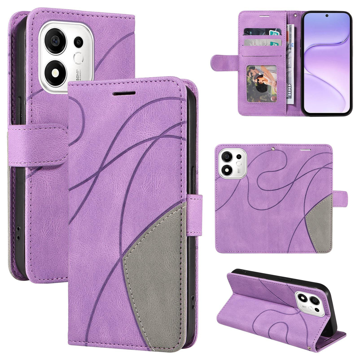 For Honor 600 Smart 5G Dual-color Splicing Flip Leather Phone Case - Purple - EDA007487716E