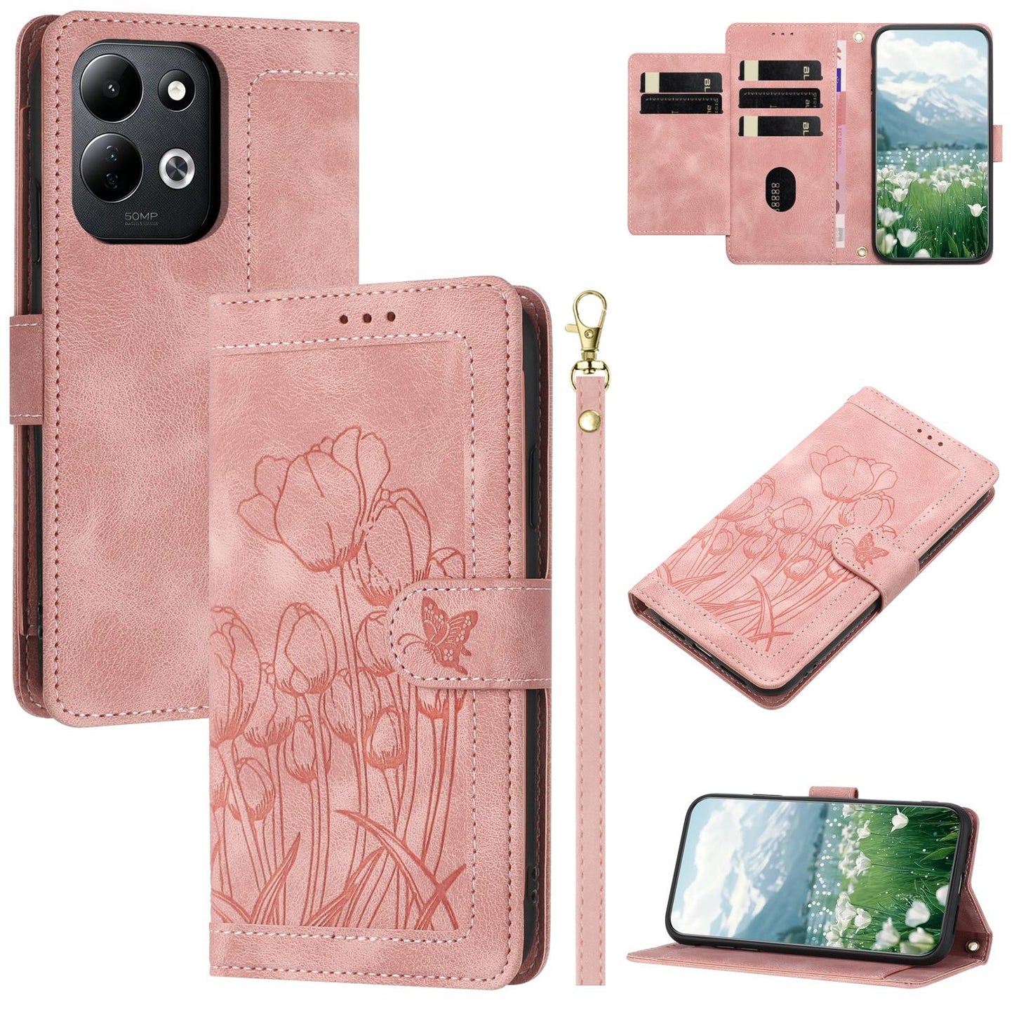 For Redmi 17 5G / 4G Global 170mm Tulips Embossed Leather Phone Case with Lanyard(Pink)