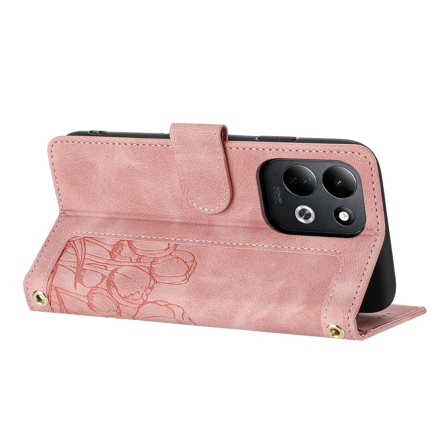 For Redmi 17 5G / 4G Global 170mm Tulips Embossed Leather Phone Case with Lanyard(Pink)