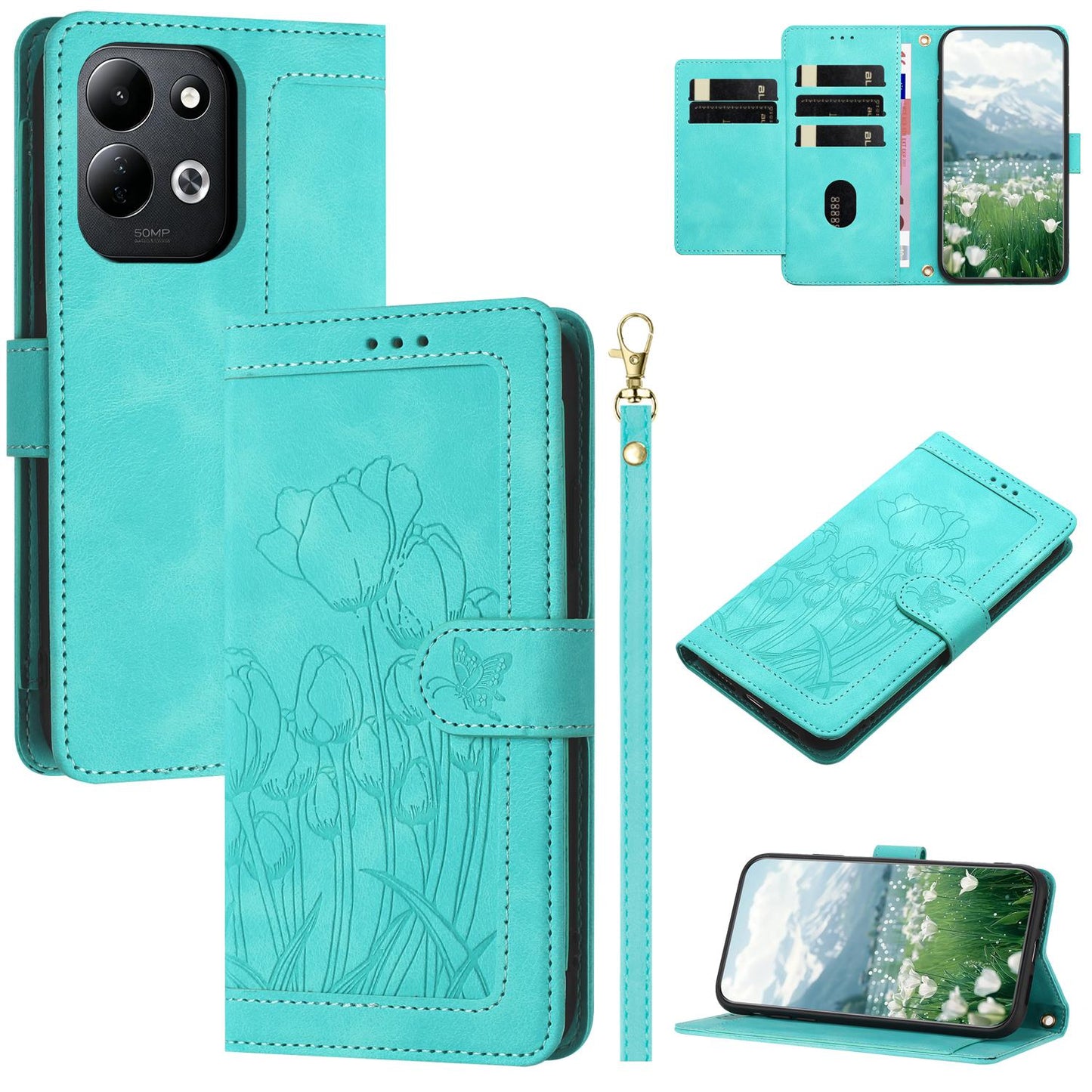 For Redmi 17 5G / 4G Global 170mm Tulips Embossed Leather Phone Case with Lanyard(Green)