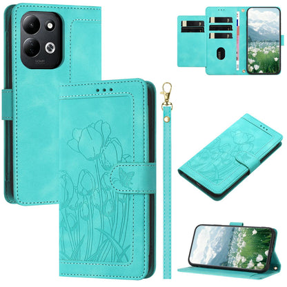 For Redmi 17 5G / 4G Global 170mm Tulips Embossed Leather Phone Case with Lanyard(Green)