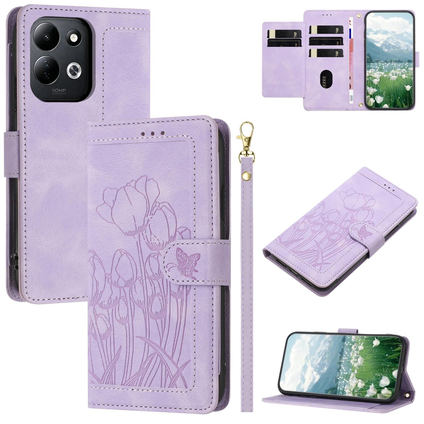 For Redmi 17 5G / 4G Global 170mm Tulips Embossed Leather Phone Case with Lanyard(Purple)