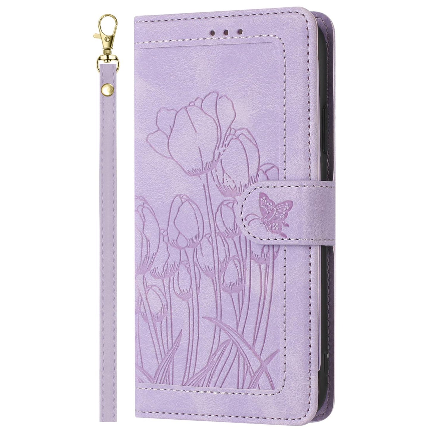 For Redmi 17 5G / 4G Global 170mm Tulips Embossed Leather Phone Case with Lanyard(Purple)