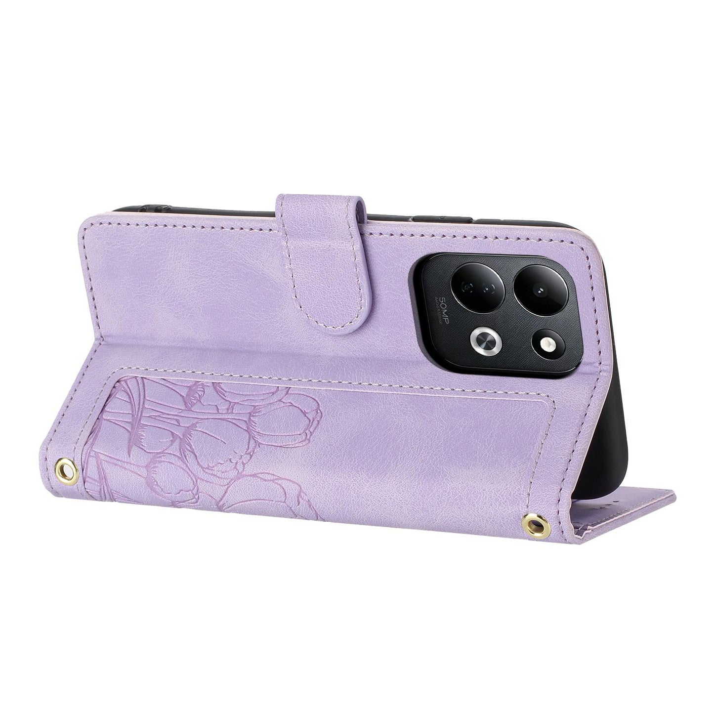 For Redmi 17 5G / 4G Global 170mm Tulips Embossed Leather Phone Case with Lanyard(Purple)
