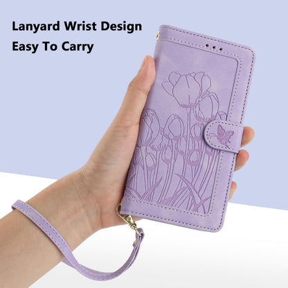 For Redmi 17 5G / 4G Global 170mm Tulips Embossed Leather Phone Case with Lanyard(Purple)