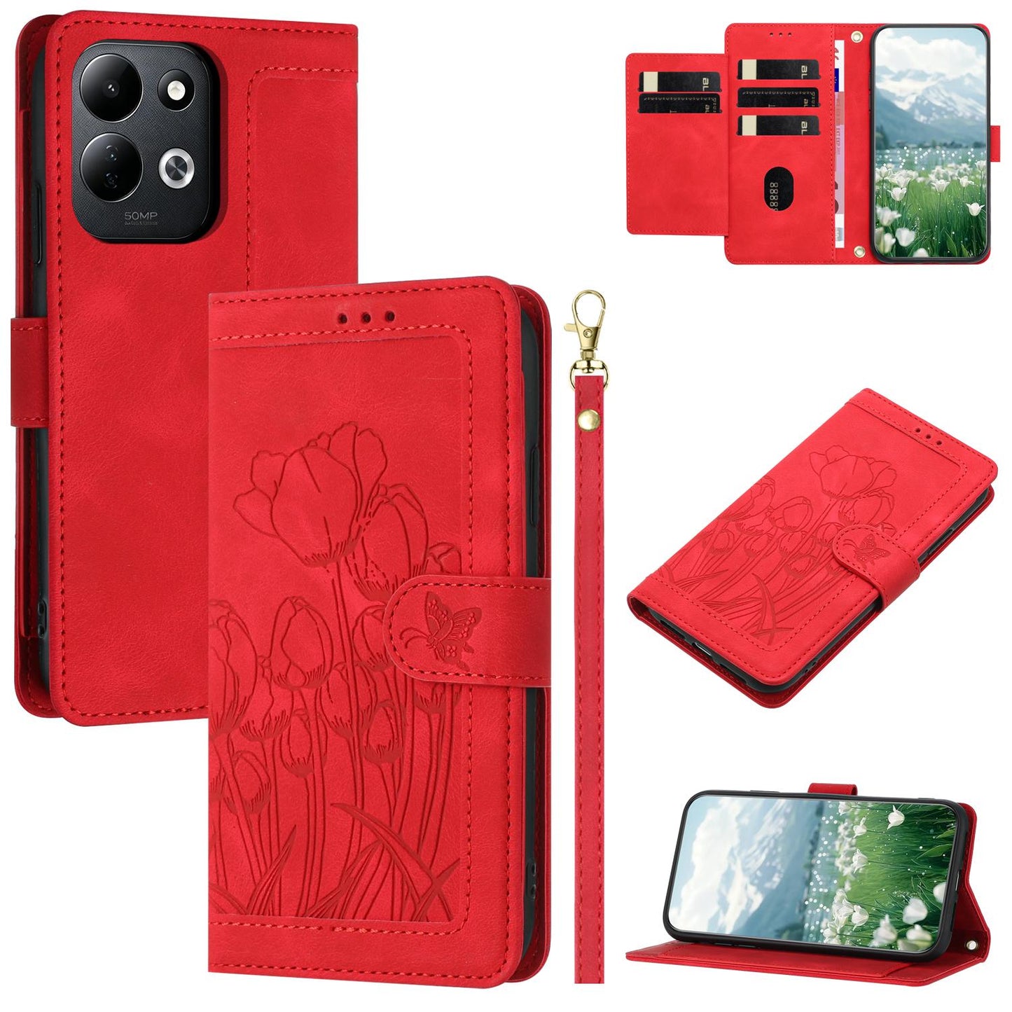 For Redmi 17 5G / 4G Global 170mm Tulips Embossed Leather Phone Case with Lanyard(Red)