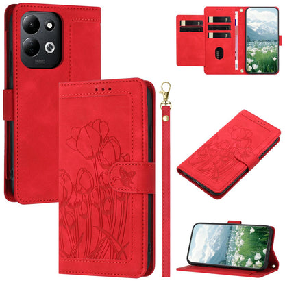 For Redmi 17 5G / 4G Global 170mm Tulips Embossed Leather Phone Case with Lanyard(Red)