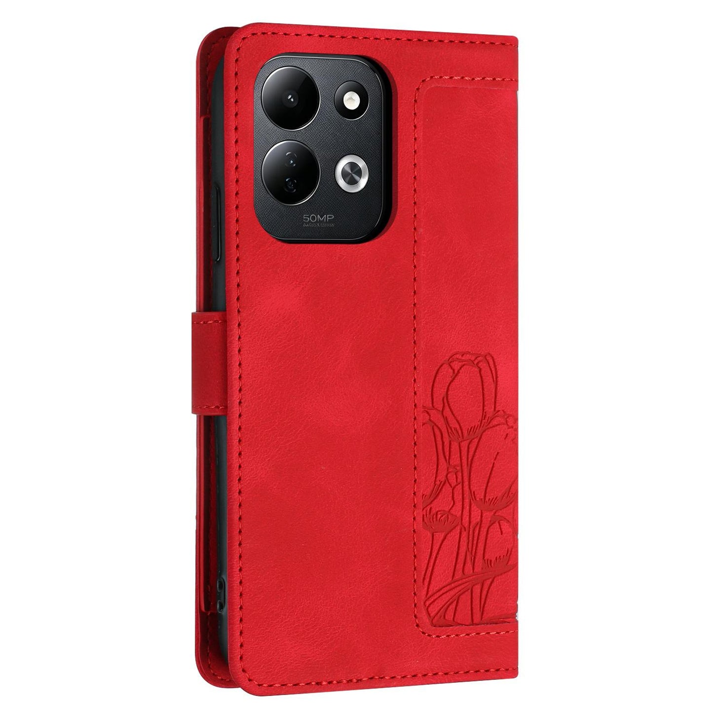 For Redmi 17 5G / 4G Global 170mm Tulips Embossed Leather Phone Case with Lanyard(Red)