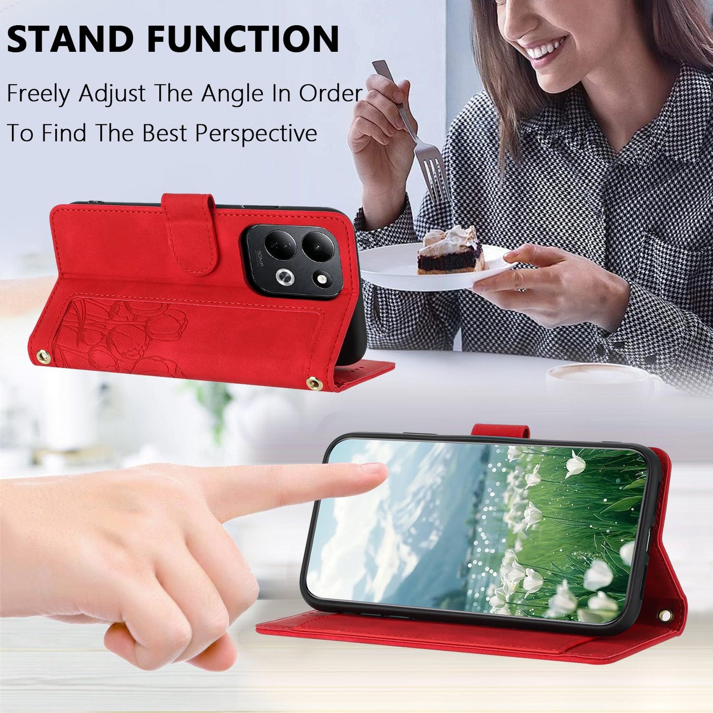 For Redmi 17 5G / 4G Global 170mm Tulips Embossed Leather Phone Case with Lanyard(Red)