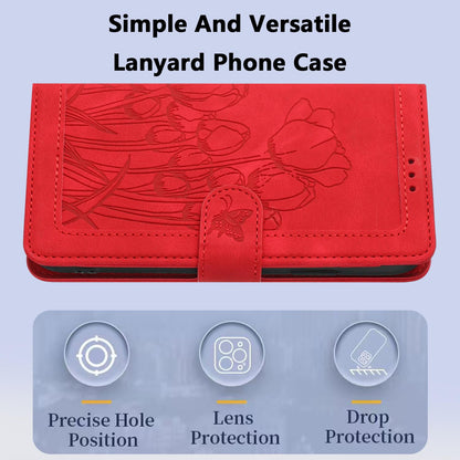 For Redmi 17 5G / 4G Global 170mm Tulips Embossed Leather Phone Case with Lanyard(Red)