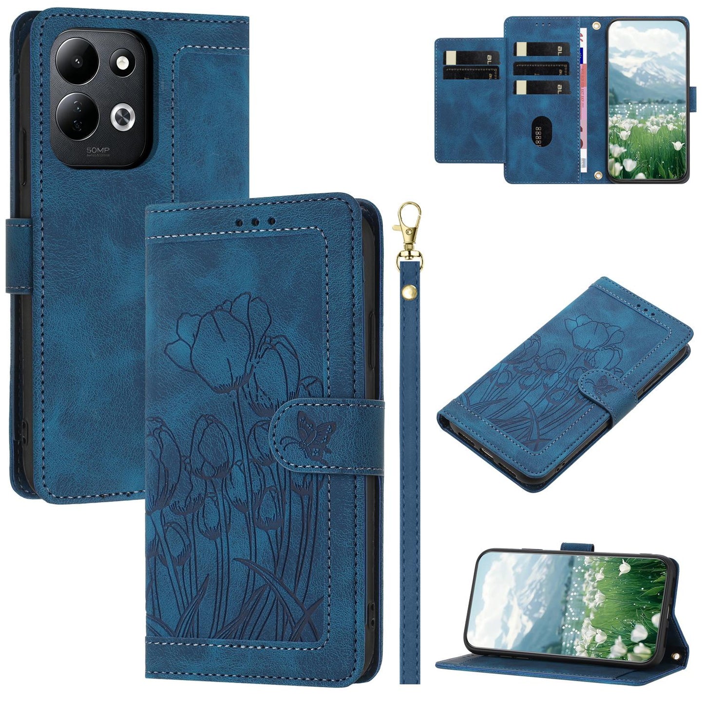 For Redmi 17 5G / 4G Global 170mm Tulips Embossed Leather Phone Case with Lanyard(Blue)