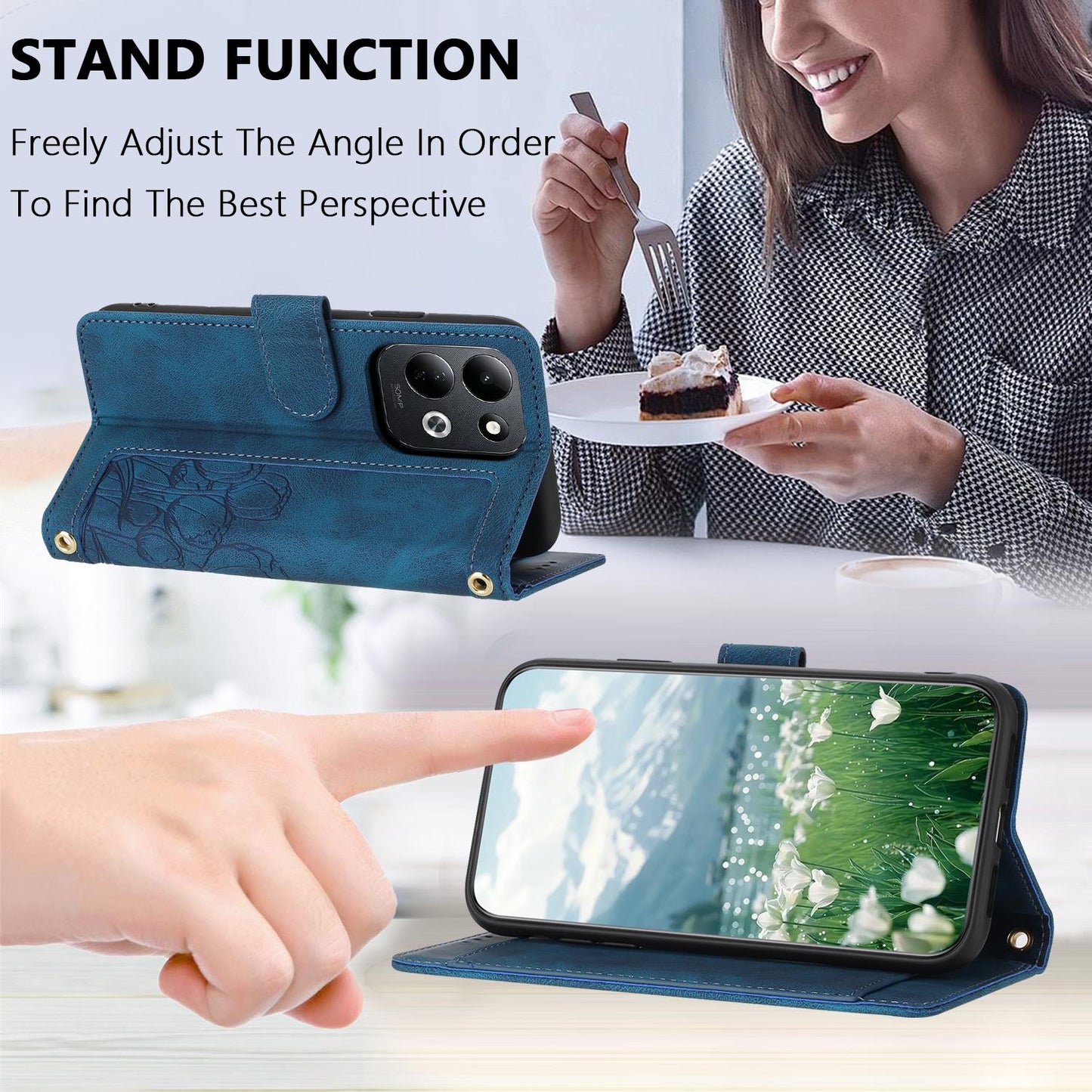 For Redmi 17 5G / 4G Global 170mm Tulips Embossed Leather Phone Case with Lanyard(Blue)