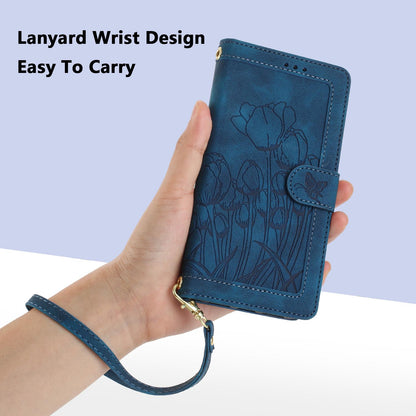 For Redmi 17 5G / 4G Global 170mm Tulips Embossed Leather Phone Case with Lanyard(Blue)