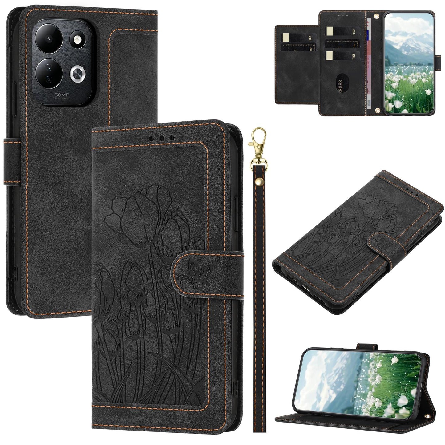 For Redmi 17 5G / 4G Global 170mm Tulips Embossed Leather Phone Case with Lanyard(Black)
