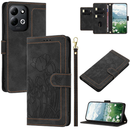 For Redmi 17 5G / 4G Global 170mm Tulips Embossed Leather Phone Case with Lanyard(Black)