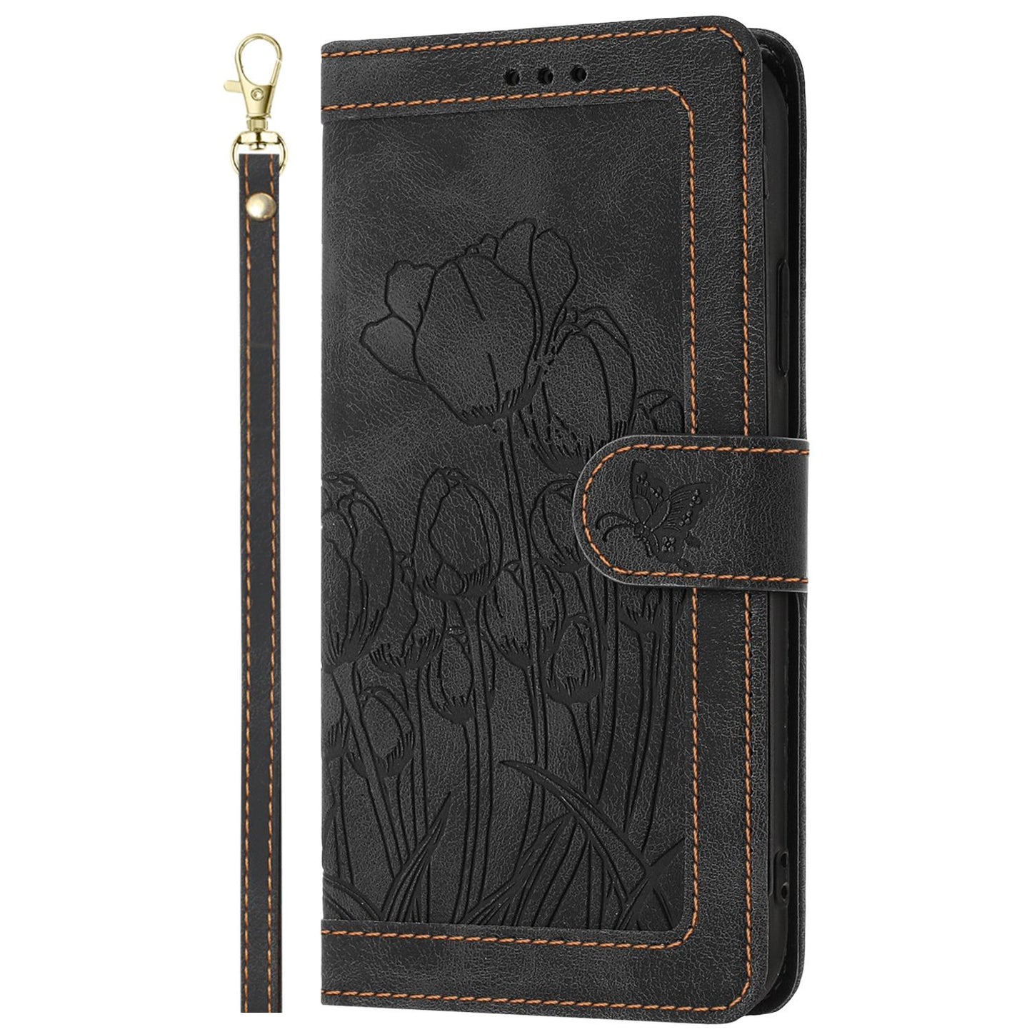For Redmi 17 5G / 4G Global 170mm Tulips Embossed Leather Phone Case with Lanyard(Black)