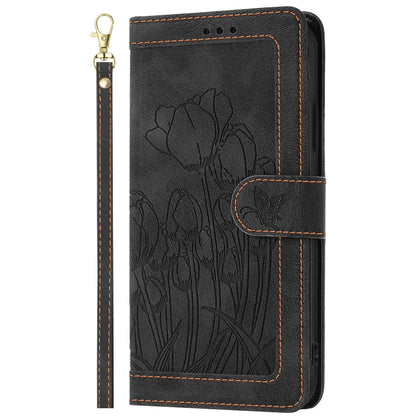 For Redmi 17 5G / 4G Global 170mm Tulips Embossed Leather Phone Case with Lanyard(Black)