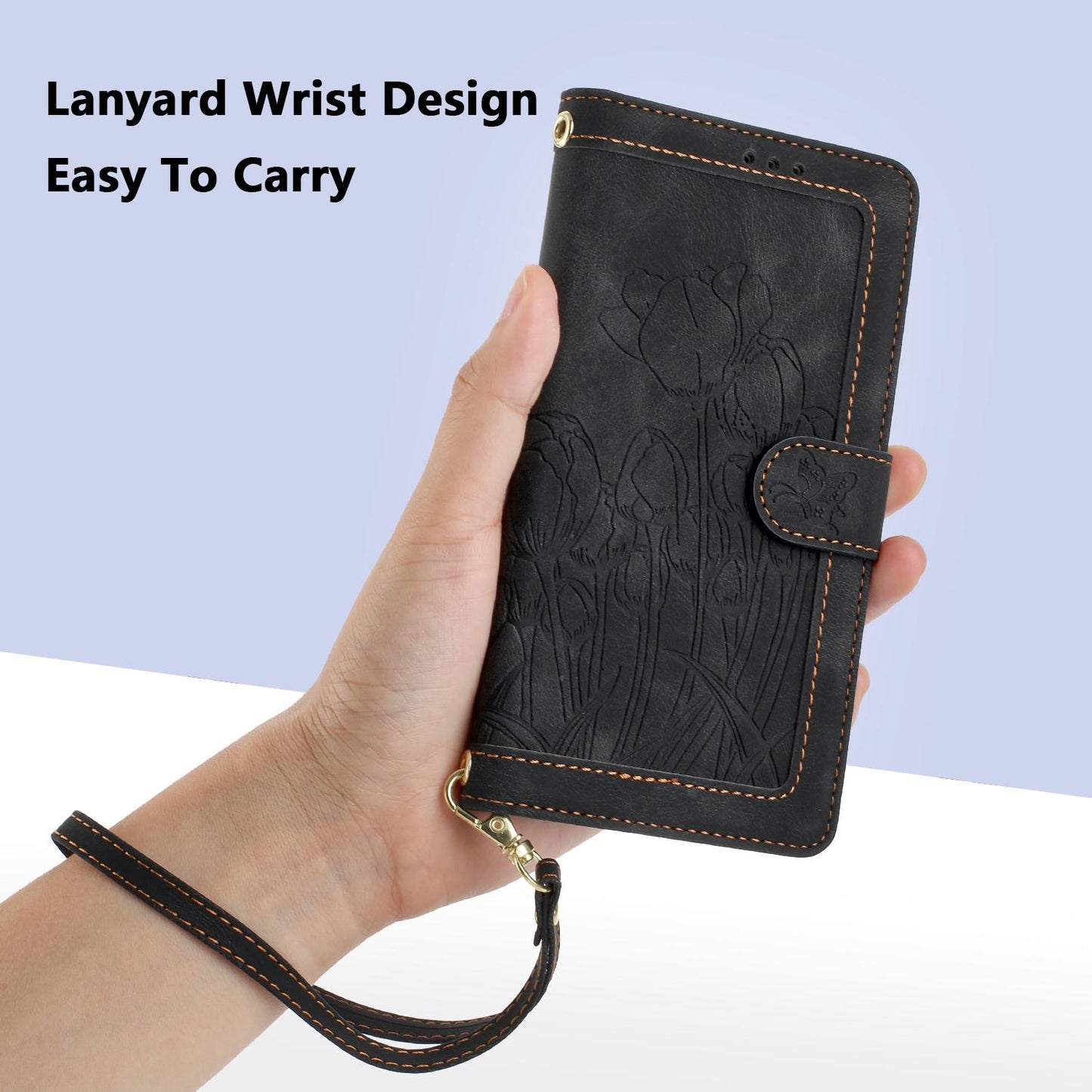 For Redmi 17 5G / 4G Global 170mm Tulips Embossed Leather Phone Case with Lanyard(Black)