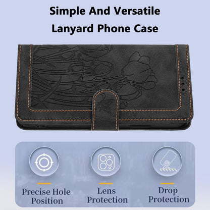 For Redmi 17 5G / 4G Global 170mm Tulips Embossed Leather Phone Case with Lanyard(Black)