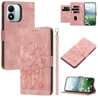 For Redmi Note 17 4G Global 171mm Tulips Embossed Leather Phone Case with Lanyard(Pink)
