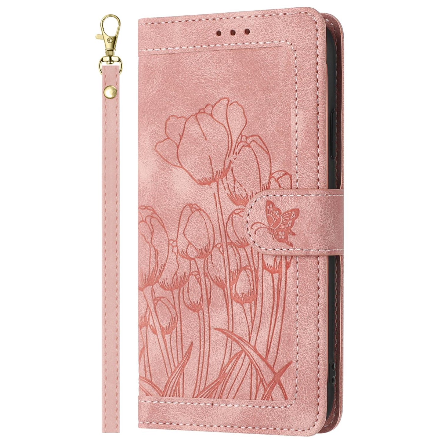 For Redmi Note 17 4G Global 171mm Tulips Embossed Leather Phone Case with Lanyard(Pink)