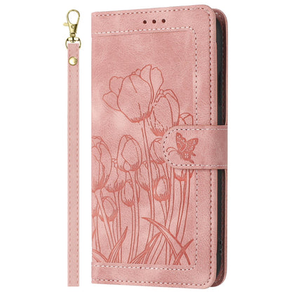 For Redmi Note 17 4G Global 171mm Tulips Embossed Leather Phone Case with Lanyard(Pink)