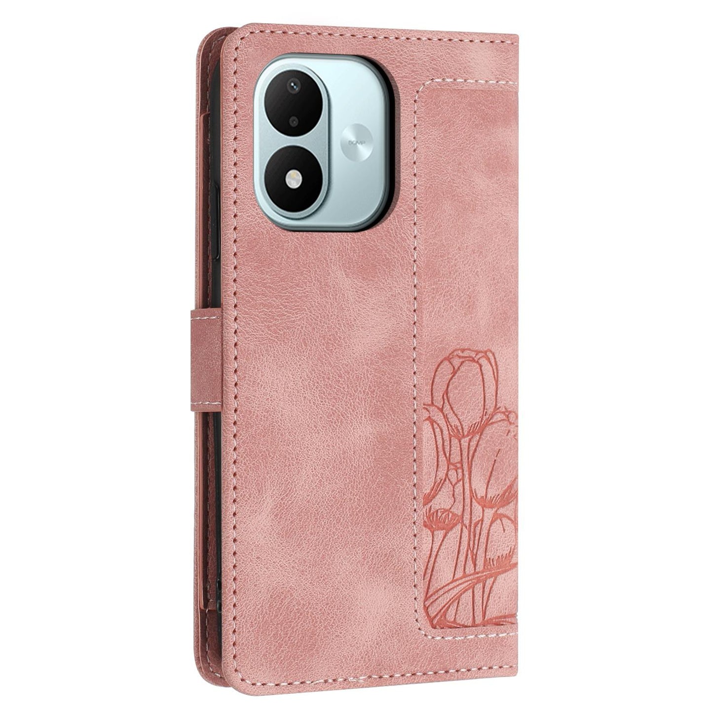 For Redmi Note 17 4G Global 171mm Tulips Embossed Leather Phone Case with Lanyard(Pink)