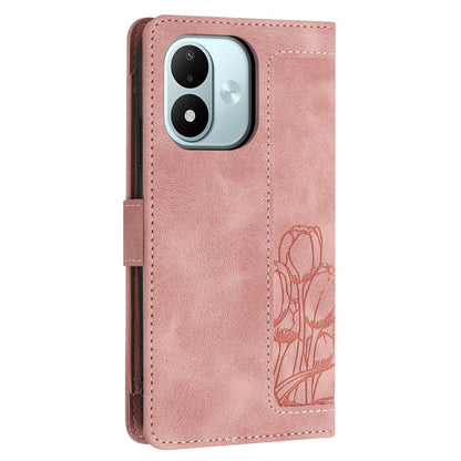 For Redmi Note 17 4G Global 171mm Tulips Embossed Leather Phone Case with Lanyard(Pink)