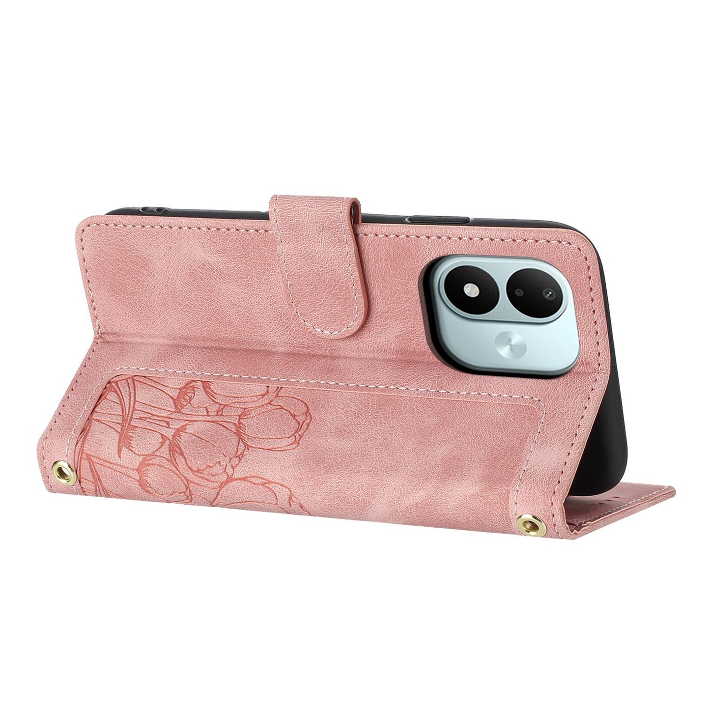For Redmi Note 17 4G Global 171mm Tulips Embossed Leather Phone Case with Lanyard(Pink)