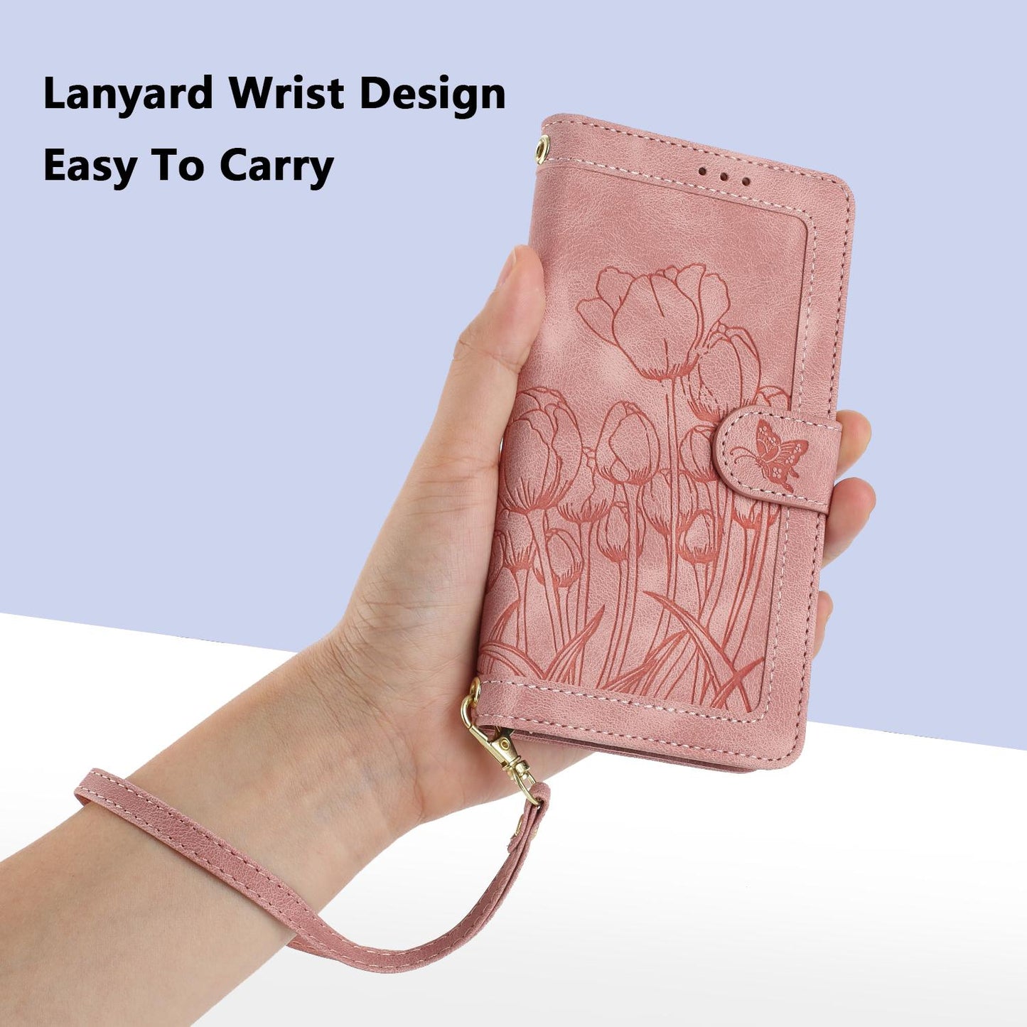 For Redmi Note 17 4G Global 171mm Tulips Embossed Leather Phone Case with Lanyard(Pink)