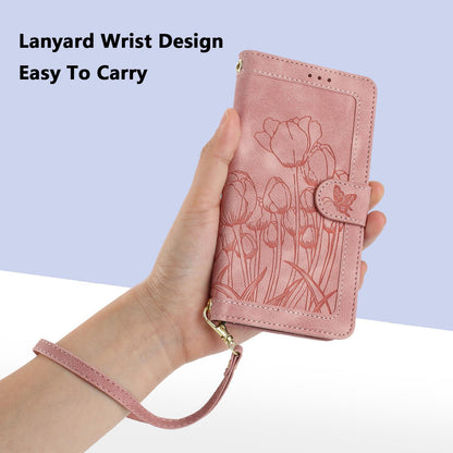 For Redmi Note 17 4G Global 171mm Tulips Embossed Leather Phone Case with Lanyard(Pink)