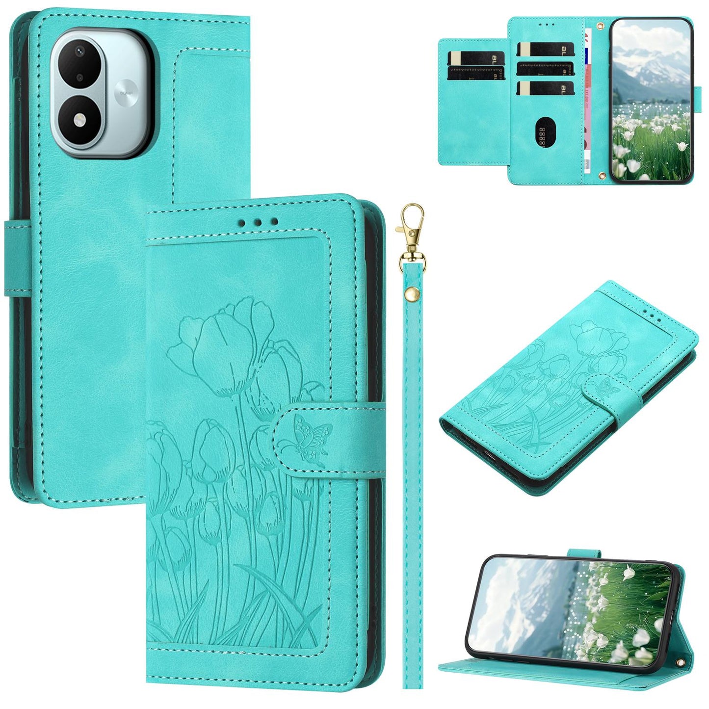 For Redmi Note 17 4G Global 171mm Tulips Embossed Leather Phone Case with Lanyard(Green)