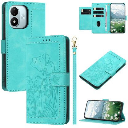 For Redmi Note 17 4G Global 171mm Tulips Embossed Leather Phone Case with Lanyard(Green)