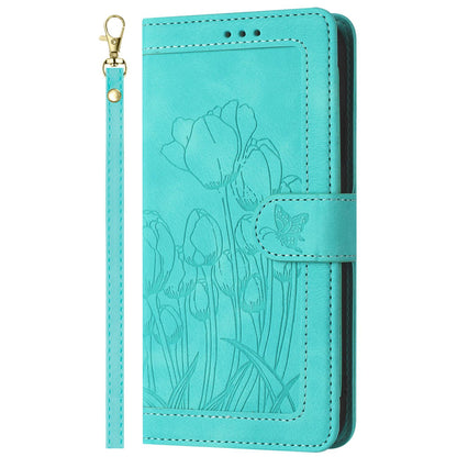 For Redmi Note 17 4G Global 171mm Tulips Embossed Leather Phone Case with Lanyard(Green)