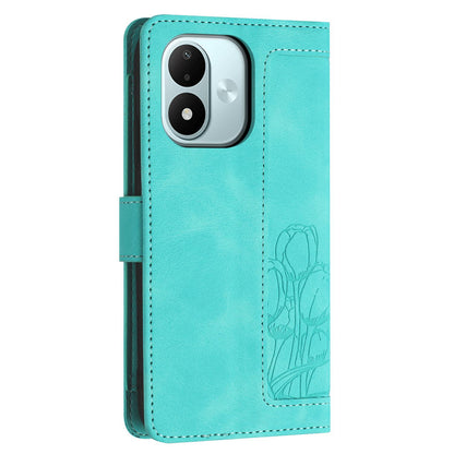 For Redmi Note 17 4G Global 171mm Tulips Embossed Leather Phone Case with Lanyard(Green)