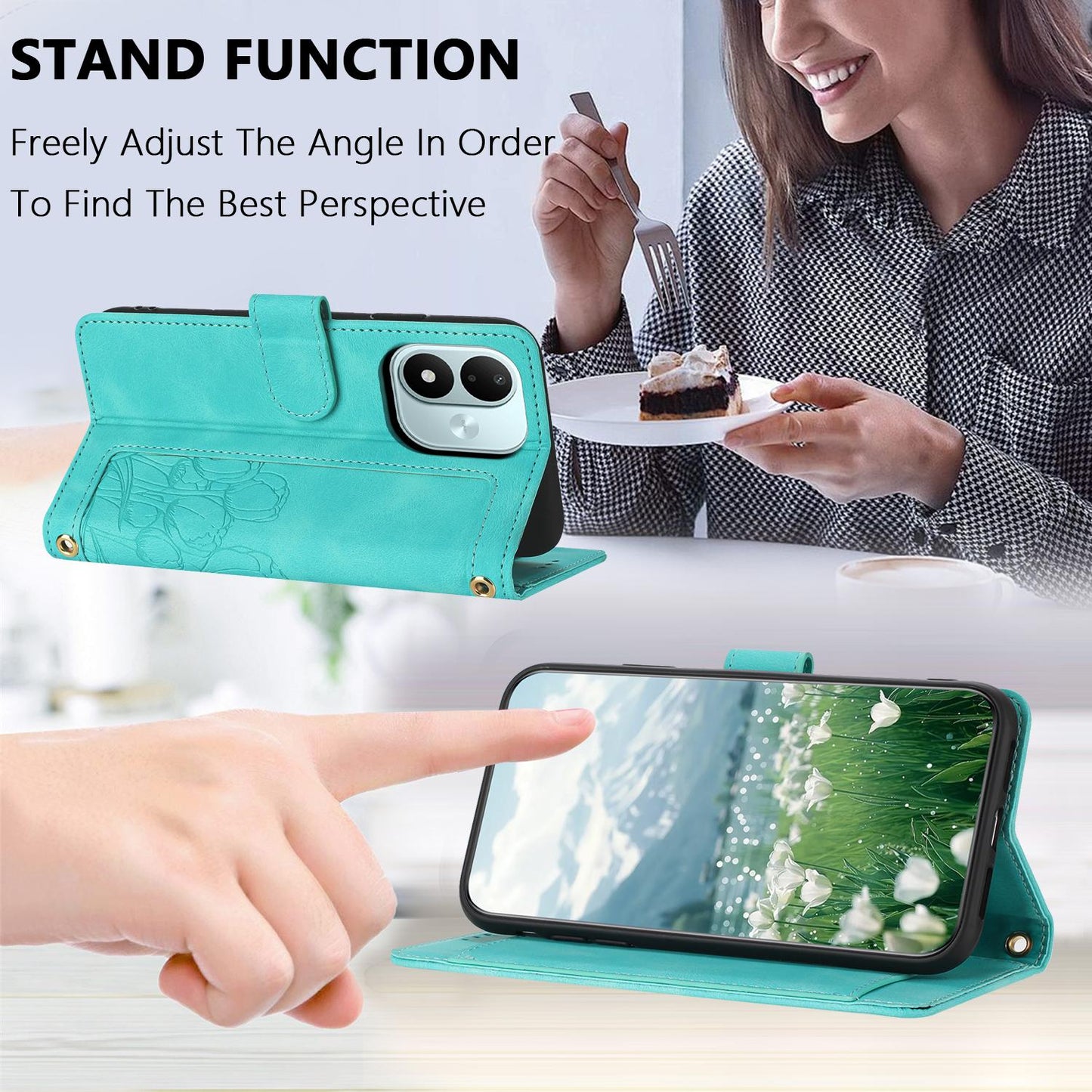 For Redmi Note 17 4G Global 171mm Tulips Embossed Leather Phone Case with Lanyard(Green)