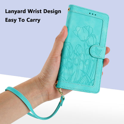 For Redmi Note 17 4G Global 171mm Tulips Embossed Leather Phone Case with Lanyard(Green)