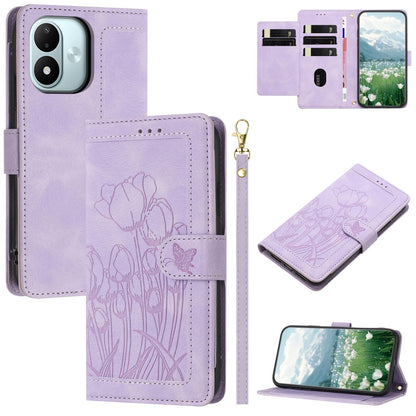 For Redmi Note 17 4G Global 171mm Tulips Embossed Leather Phone Case with Lanyard(Purple)