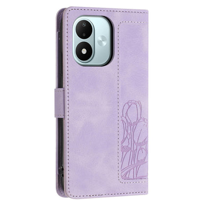 For Redmi Note 17 4G Global 171mm Tulips Embossed Leather Phone Case with Lanyard(Purple)