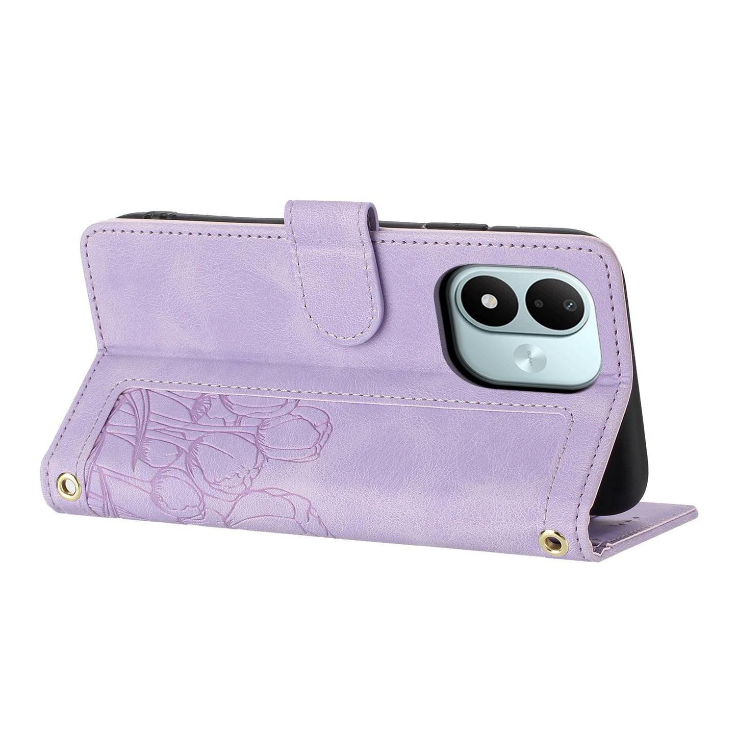 For Redmi Note 17 4G Global 171mm Tulips Embossed Leather Phone Case with Lanyard(Purple)