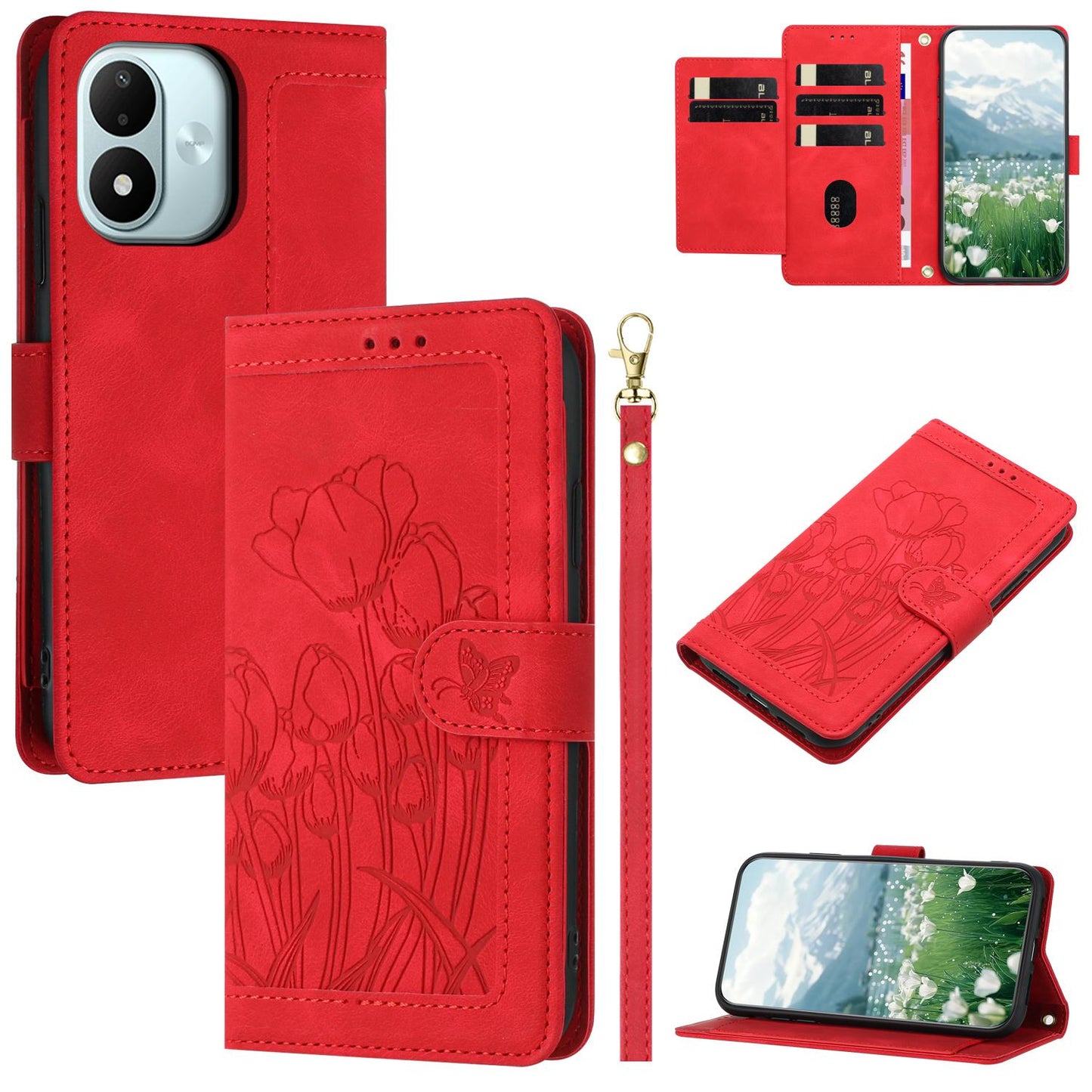 For Redmi Note 17 4G Global 171mm Tulips Embossed Leather Phone Case with Lanyard(Red)