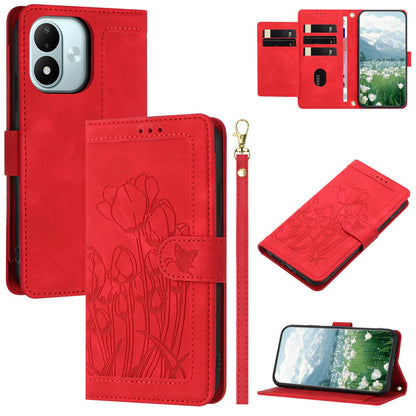 For Redmi Note 17 4G Global 171mm Tulips Embossed Leather Phone Case with Lanyard(Red)