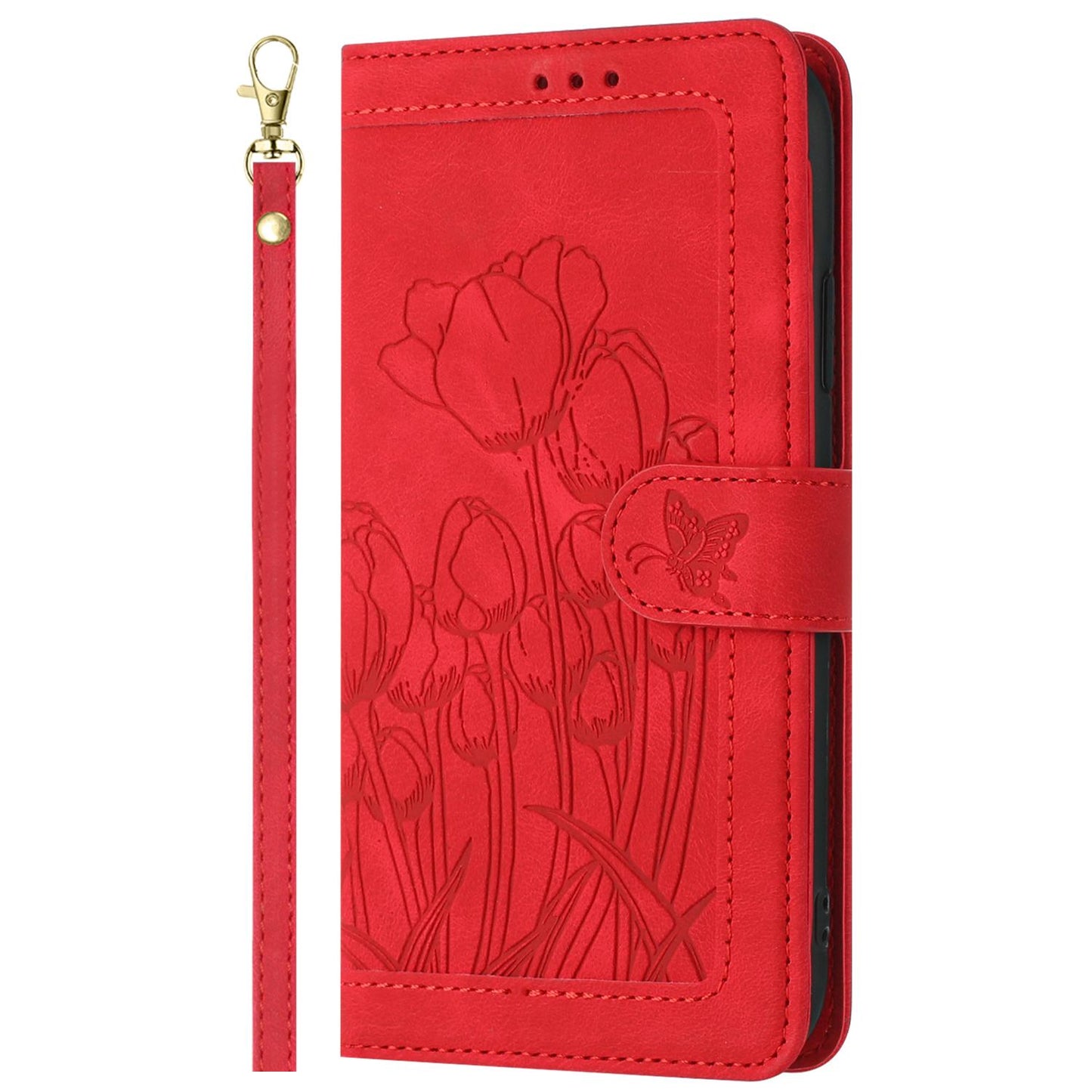 For Redmi Note 17 4G Global 171mm Tulips Embossed Leather Phone Case with Lanyard(Red)
