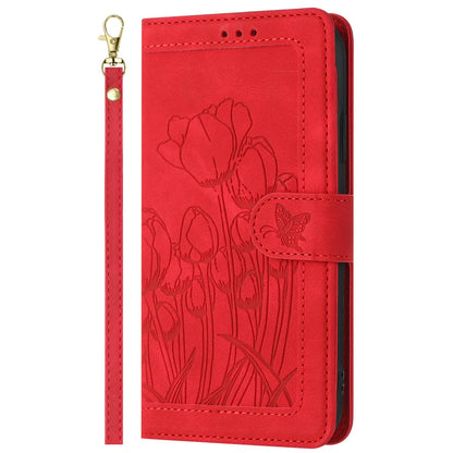 For Redmi Note 17 4G Global 171mm Tulips Embossed Leather Phone Case with Lanyard(Red)
